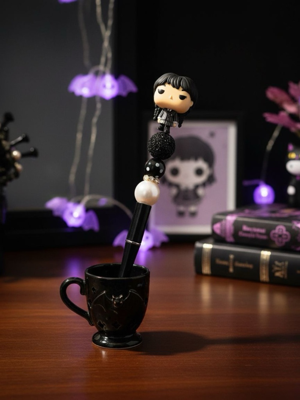 Cute Black Character Wednesday Top Pen with Pearl Bead